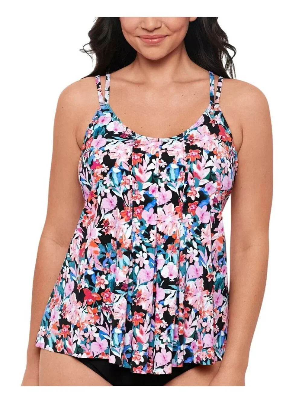 Swim Solutions Pleated Tankini Swim Top 806836 Black Multi 14